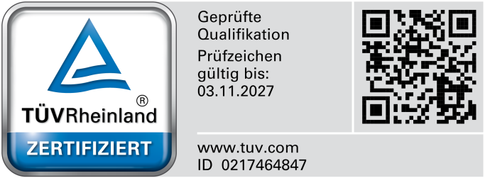 TÜV Rheinland Prüfzeichen Das TÜV Rheinland Prüfzeichen. Gültig bis 03.11.2027.